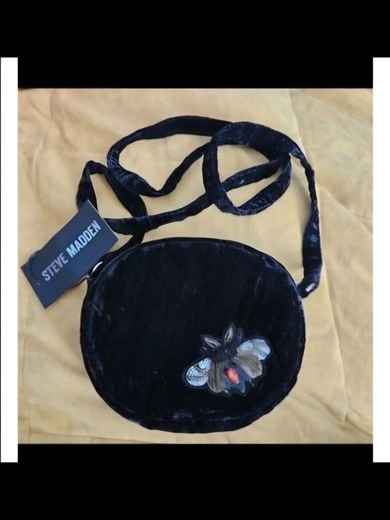 Steve Madden Handbags - Steve Madden Black Velvet Round Crossbody with Bee Patch
